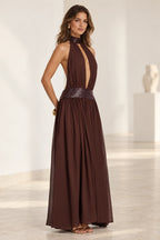 Chocolate brown halter neck A line maxi evening dress with sequin waist detail