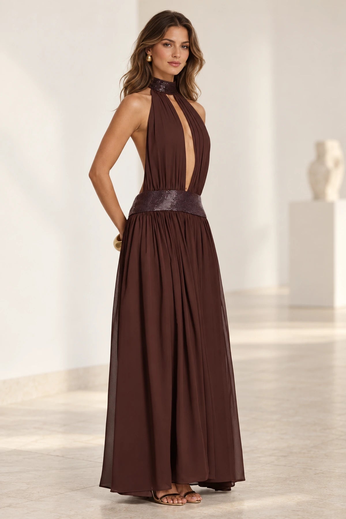 Chocolate brown halter neck A line maxi evening dress with sequin waist detail