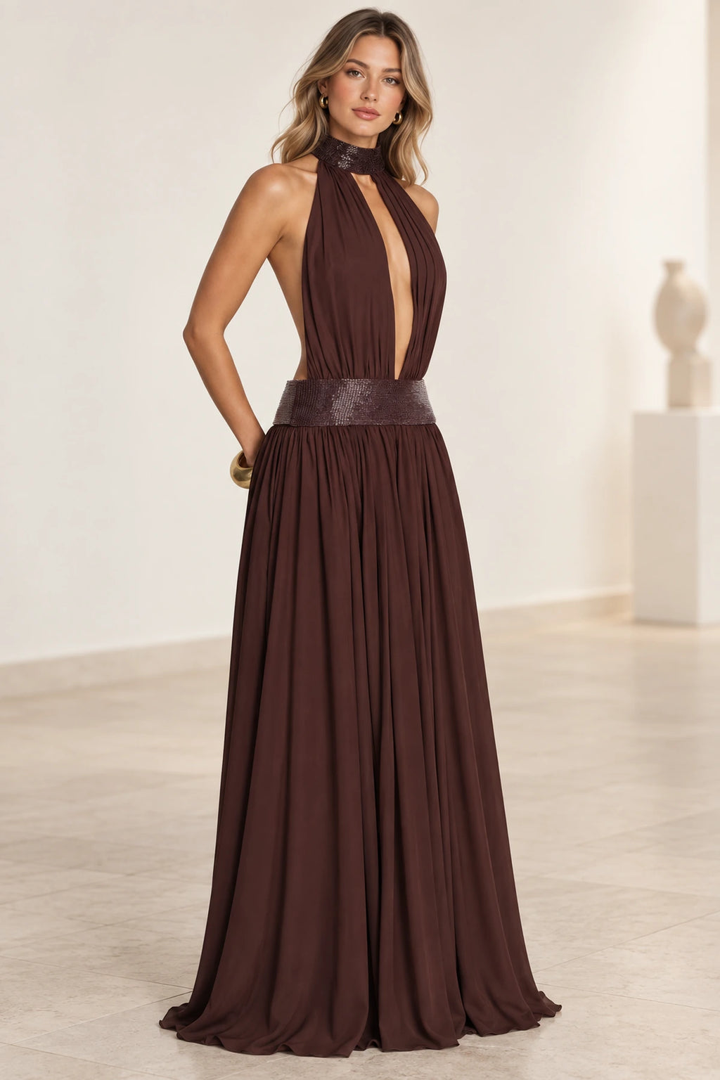 Sophisticated A Line Halter Neck Open Back Maxi Evening Dress