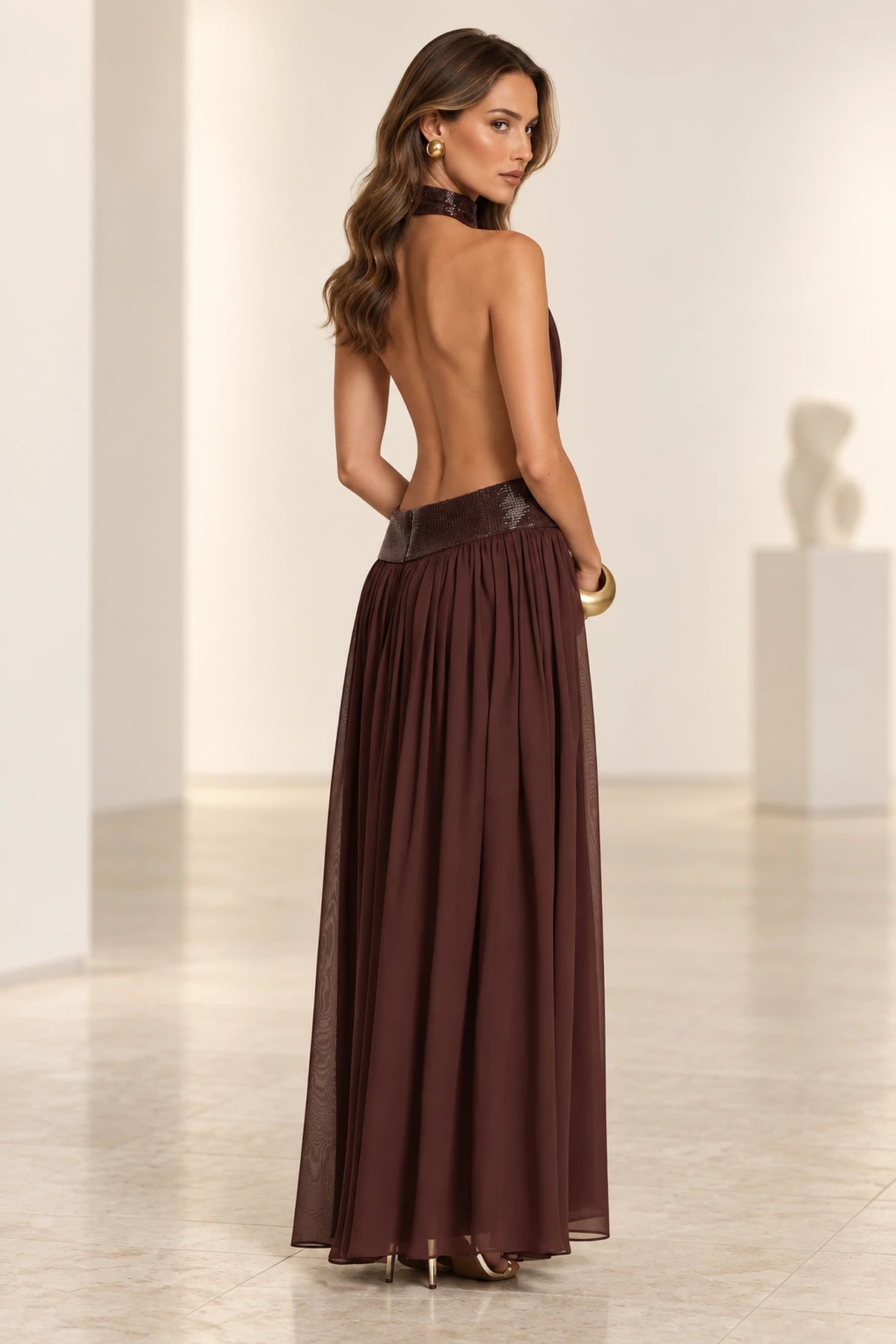 Sophisticated A Line Halter Neck Open Back Maxi Evening Dress