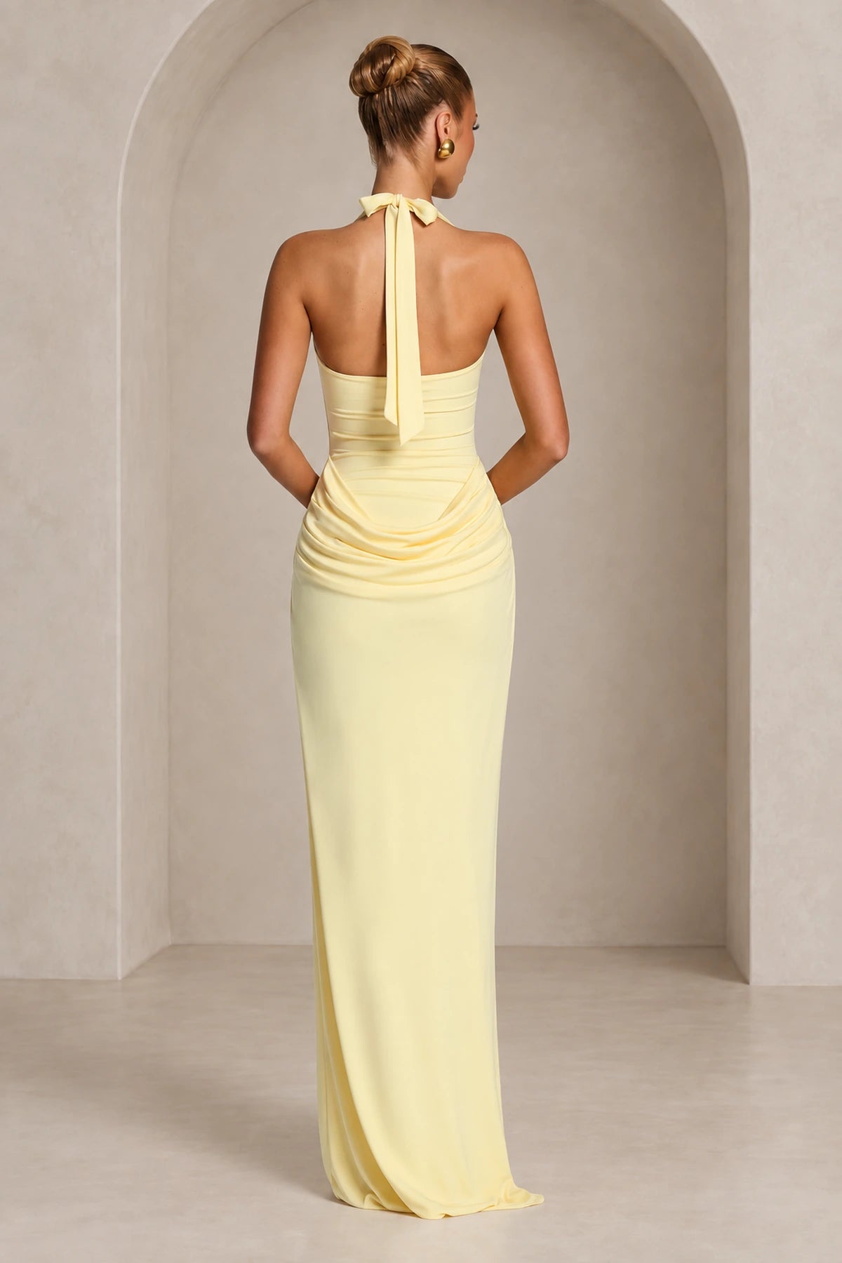 Elegant Halter Draped Column Wedding Guest Dress