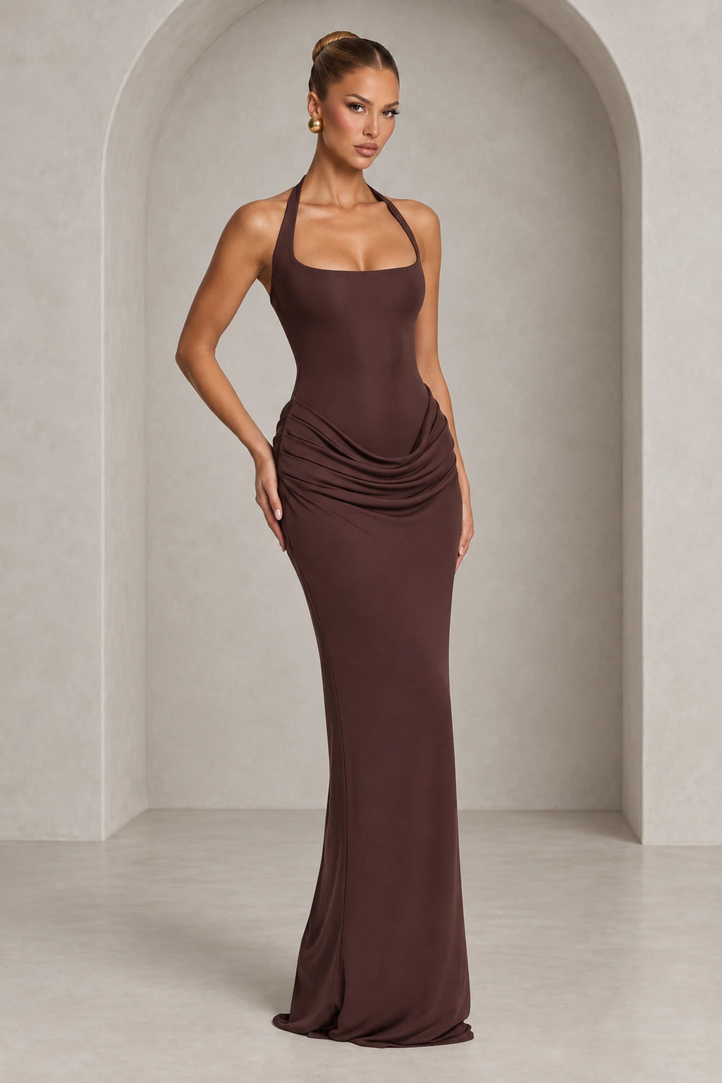Elegant Halter Draped Column Wedding Guest Dress
