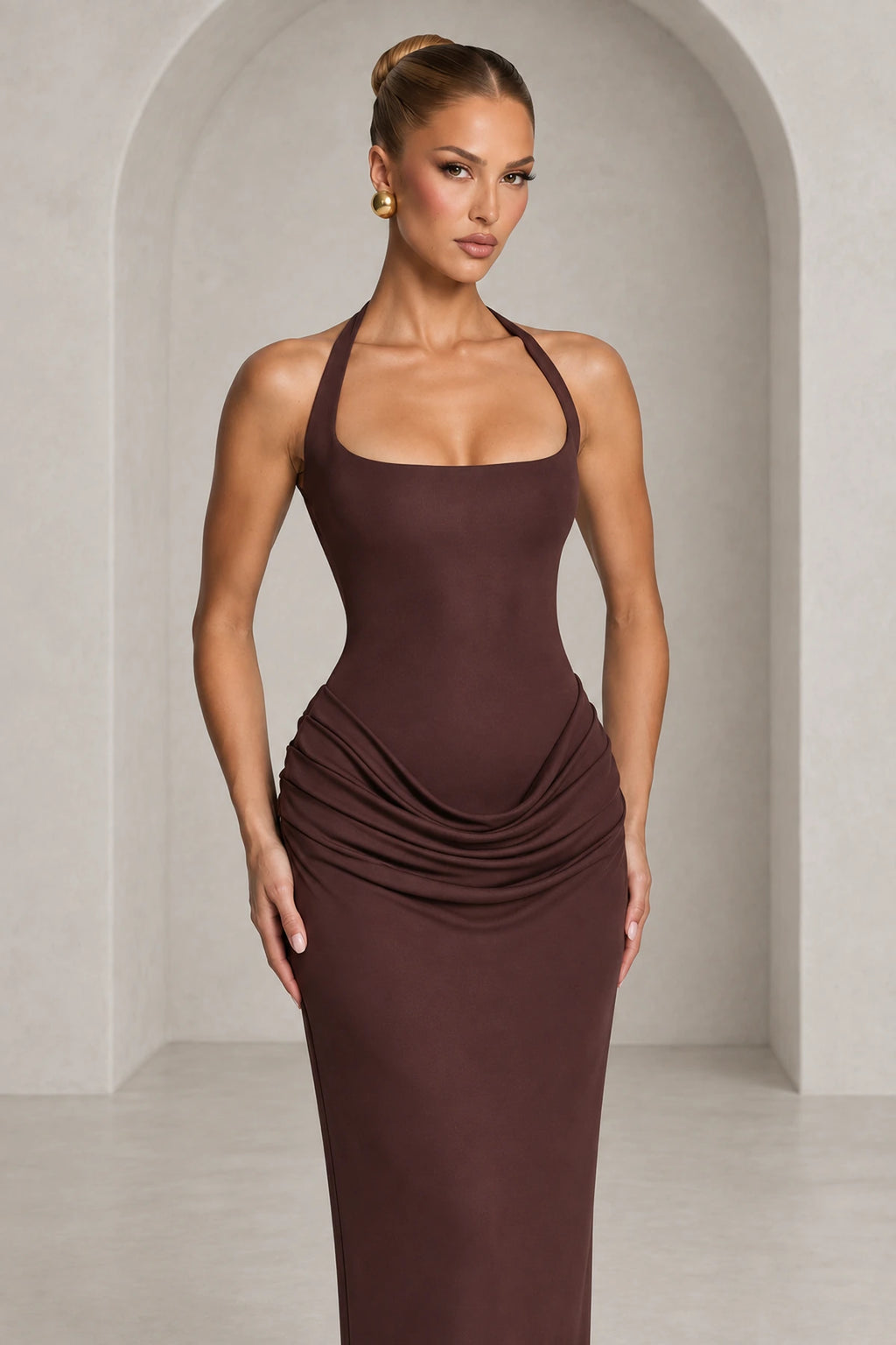 Elegant Halter Draped Column Wedding Guest Dress
