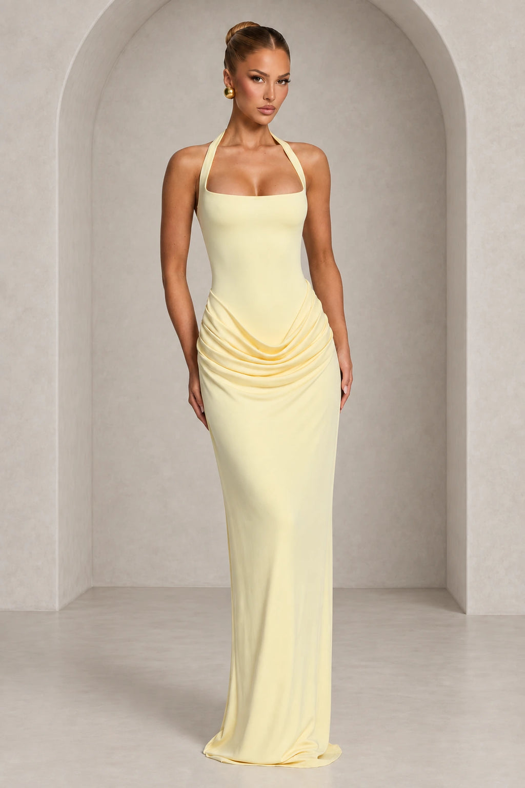 Elegant Halter Draped Column Wedding Guest Dress