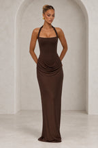 Chocolate brown halter wedding guest dress with draped waist and column silhouette
