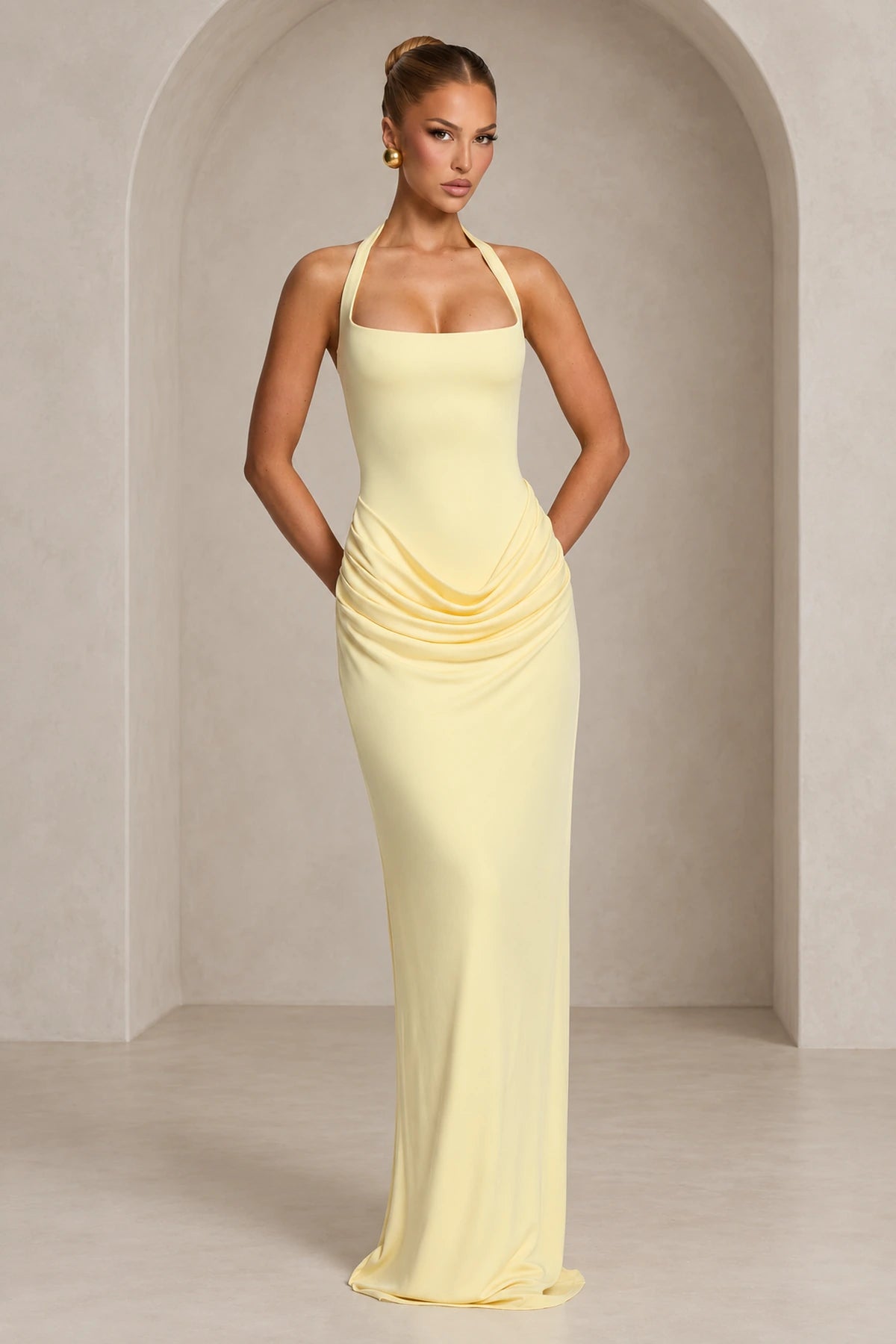 Elegant Halter Draped Column Wedding Guest Dress
