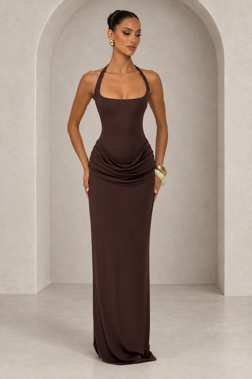 Elegant Halter Draped Column Wedding Guest Dress