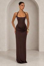 Elegant Halter Draped Column Wedding Guest Dress