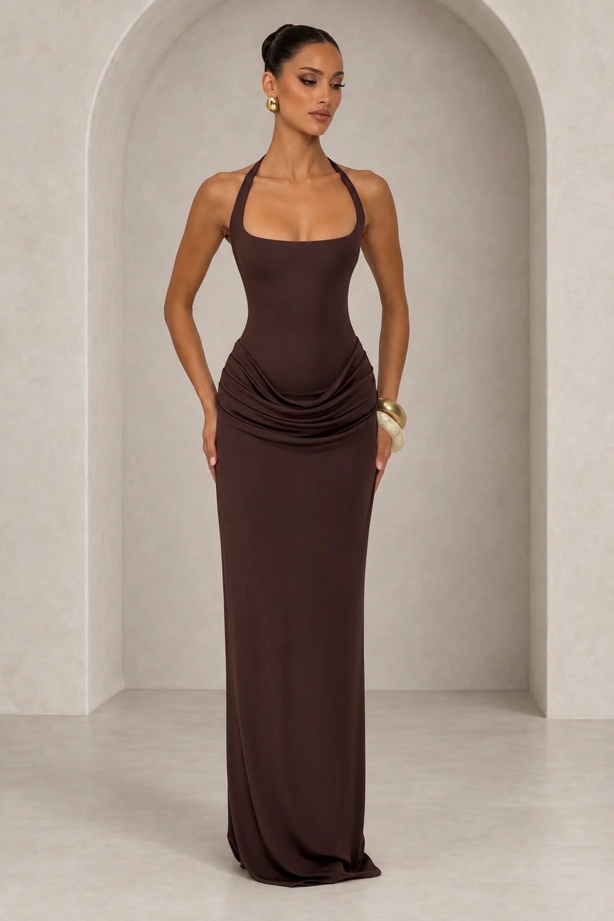 Elegant Halter Draped Column Wedding Guest Dress