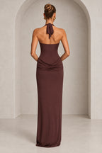 Chocolate brown wedding guest dress with open back halter tie detail