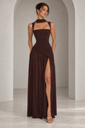 Chocolate square neck sleeveless floor length bridesmaid dress with draped scarf detail by Graceprom