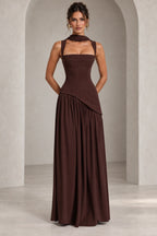 Elegant Chocolate A-Line Square Neck Sleeveless Lace-Up Back Floor-Length Bridesmaid Dress