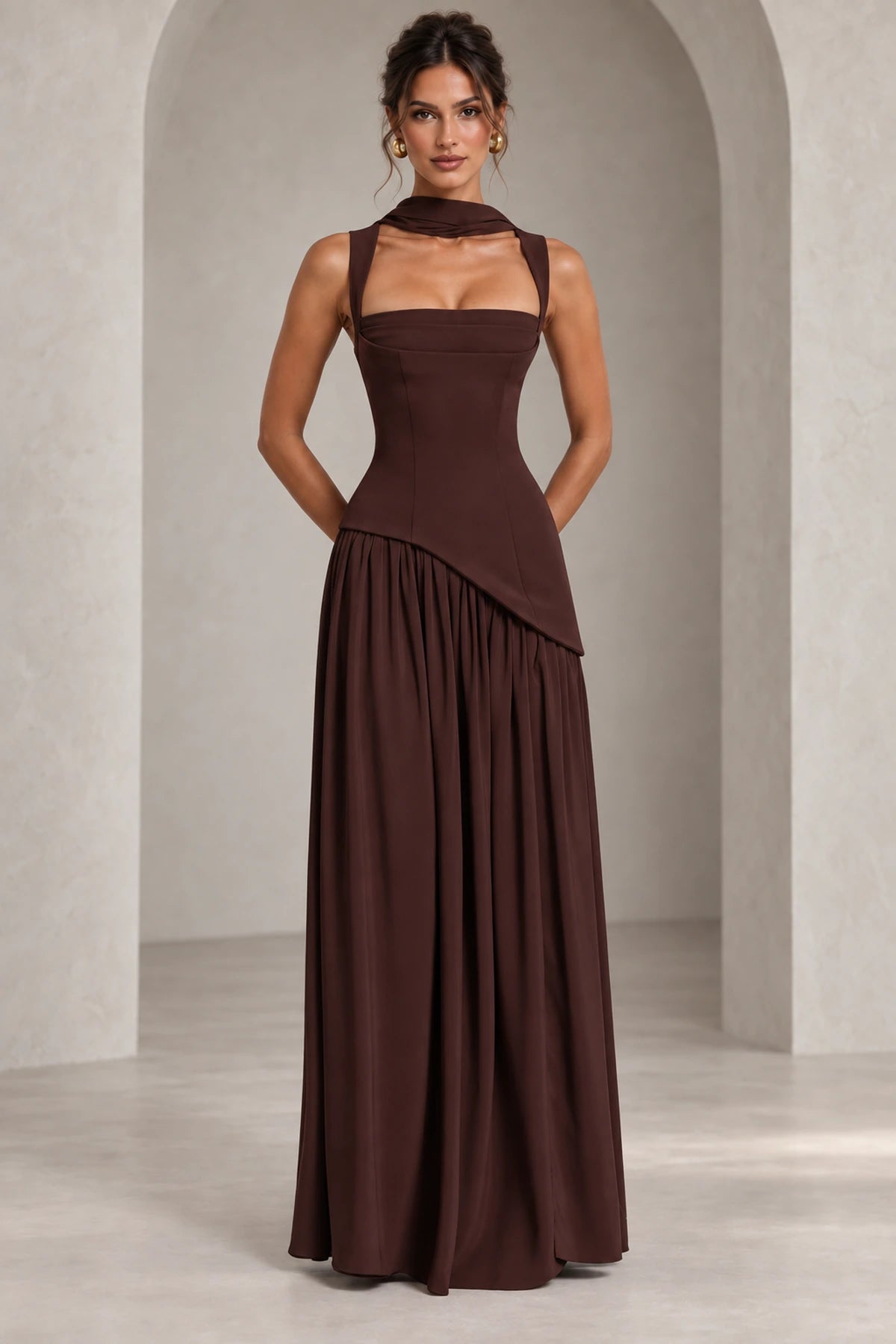 Elegant Chocolate A-Line Square Neck Sleeveless Lace-Up Back Floor-Length Bridesmaid Dress