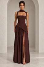 Elegant Chocolate A-Line Square Neck Sleeveless Lace-Up Back Floor-Length Bridesmaid Dress