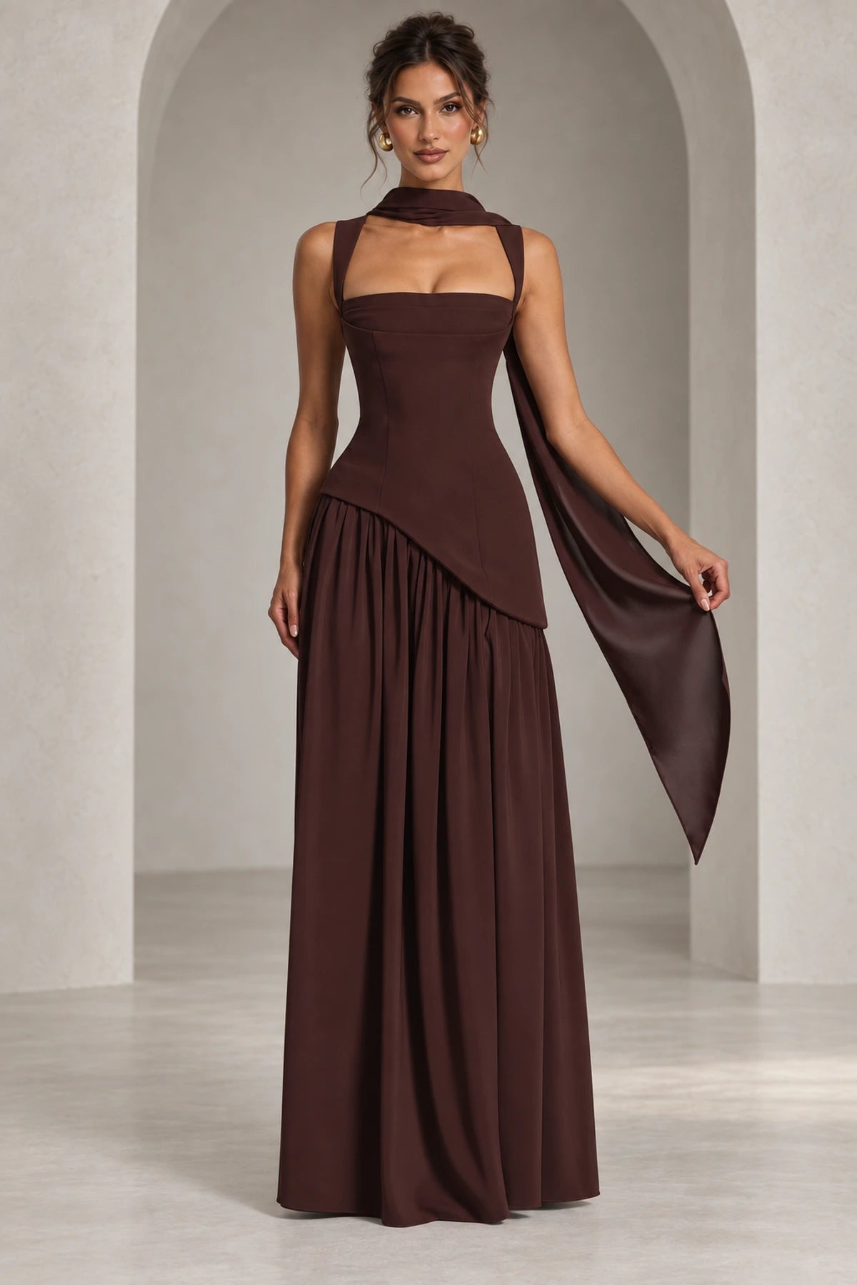 Elegant Chocolate A-Line Square Neck Sleeveless Lace-Up Back Floor-Length Bridesmaid Dress