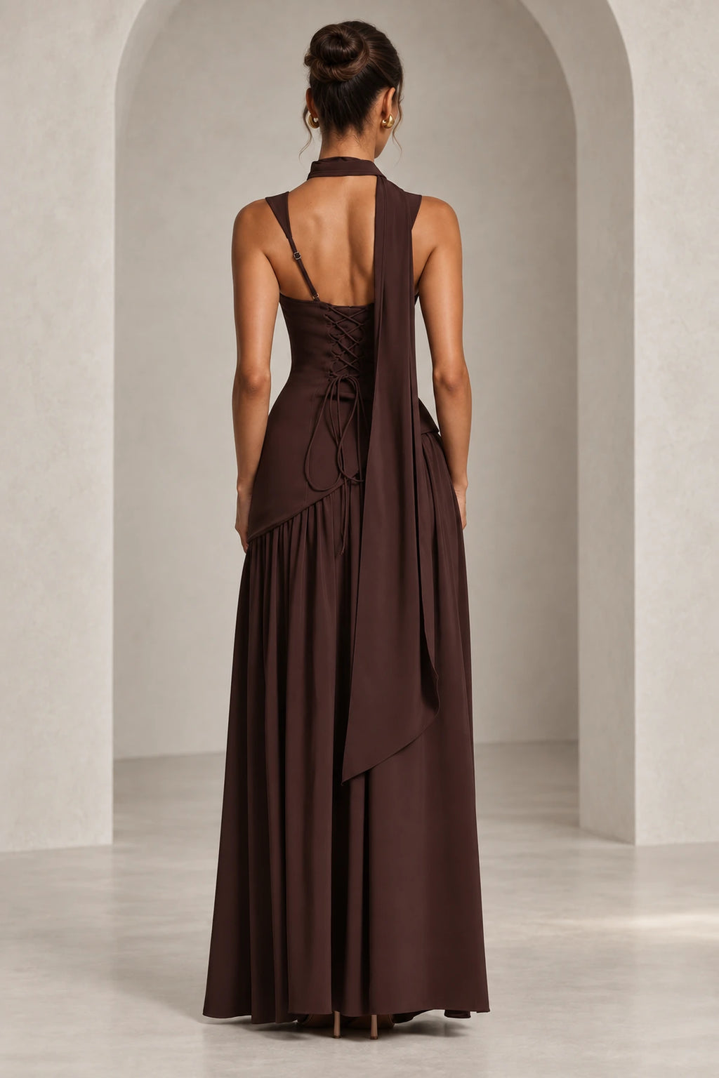 Back view of chocolate bridesmaid dress with open back corset lace-up detail by Graceprom