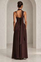 Back view of chocolate bridesmaid dress with open back corset lace-up detail by Graceprom