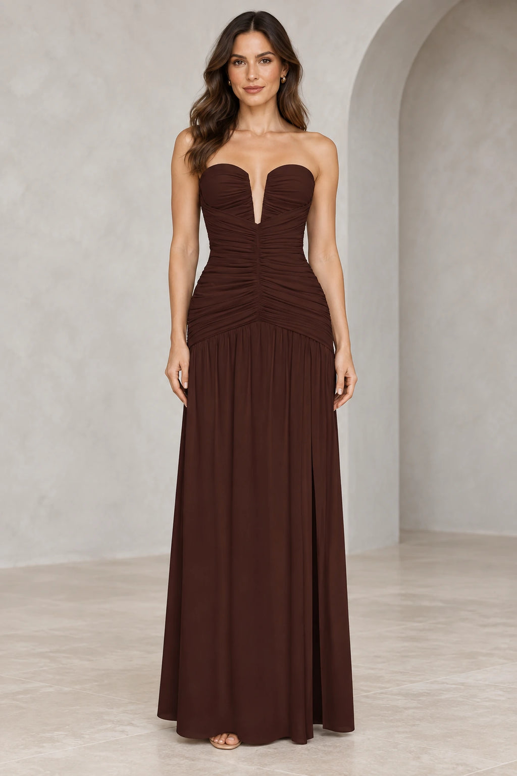 Chocolate strapless sweetheart ruched floor length bridesmaid dress front view by Graceprom