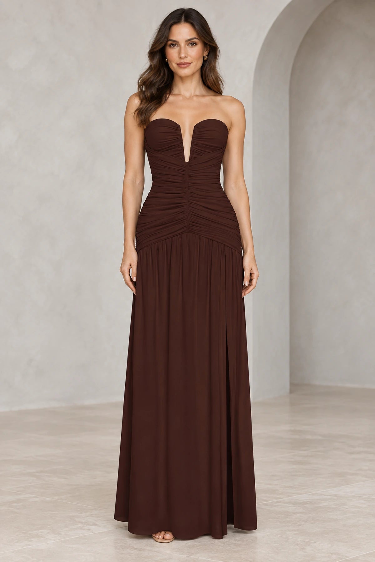 Chocolate strapless sweetheart ruched floor length bridesmaid dress front view by Graceprom