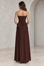 Back view of chocolate strapless ruched floor length bridesmaid dress by Graceprom