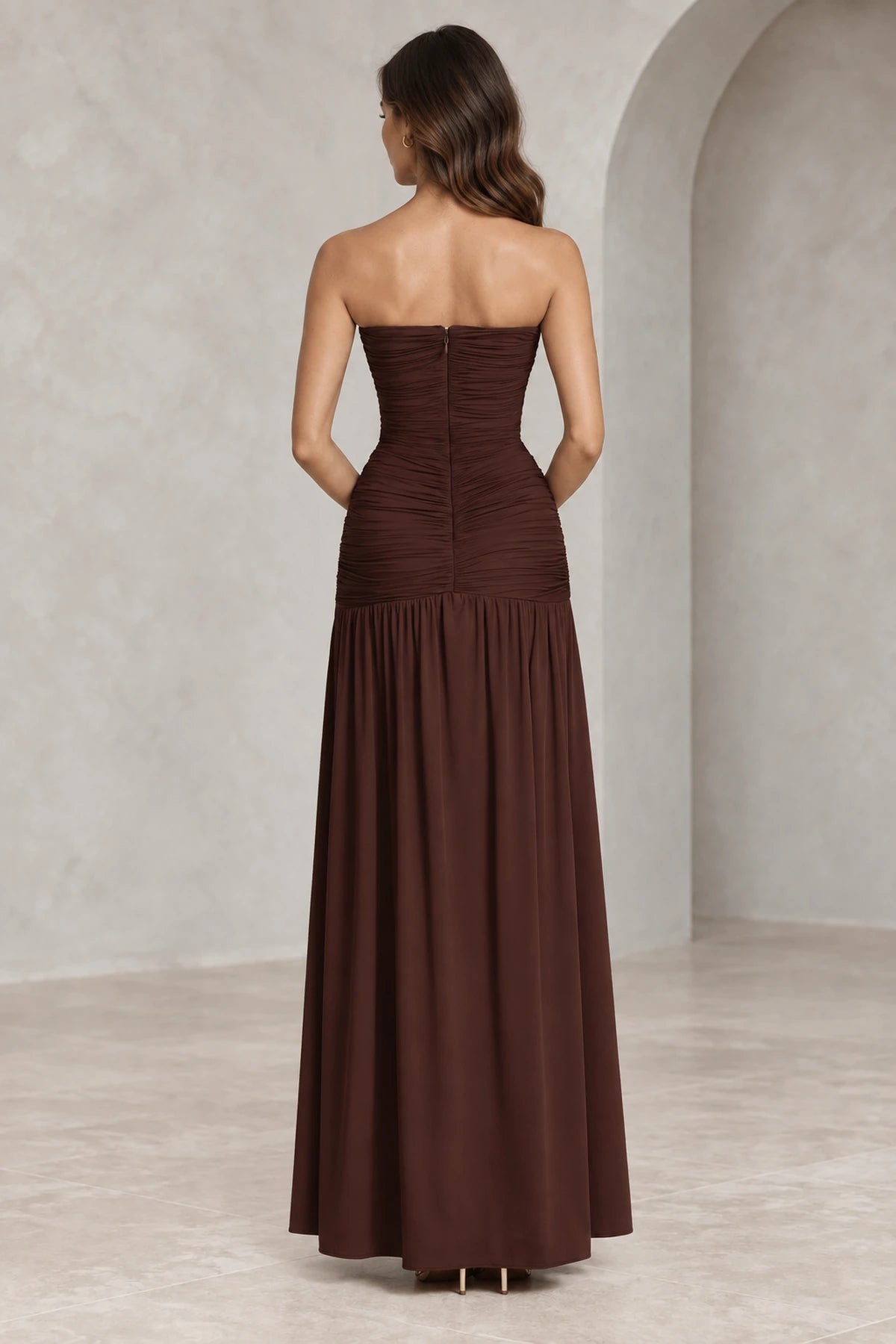 Back view of chocolate strapless ruched floor length bridesmaid dress by Graceprom