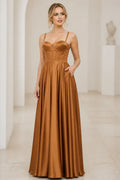 Graceprom copper satin A line long prom dress with sweetheart corset bodice and spaghetti straps