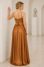 Graceprom copper satin prom dress with spaghetti straps lace up corset back and floor length skirt