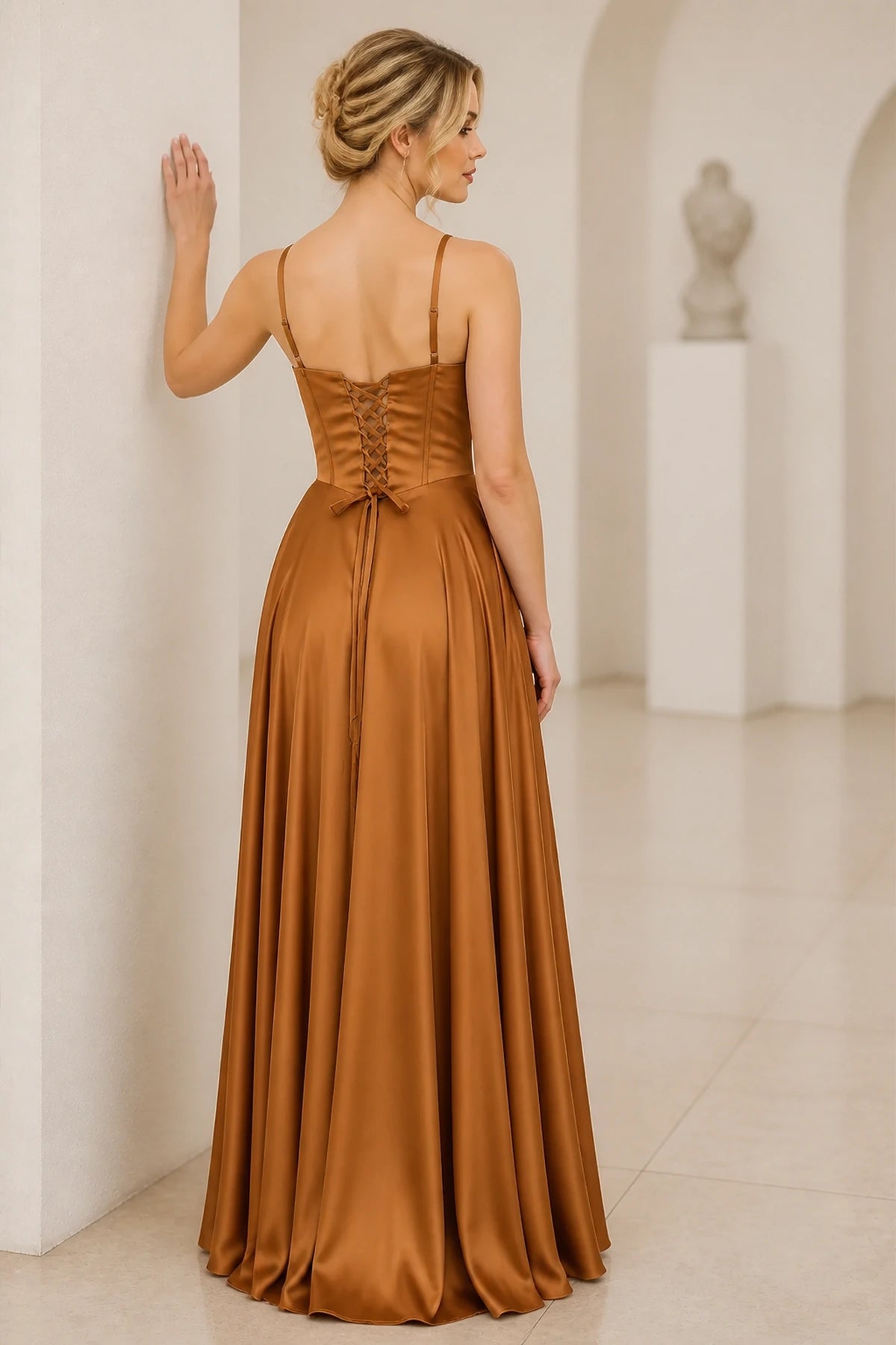 Graceprom copper satin prom dress with spaghetti straps lace up corset back and floor length skirt