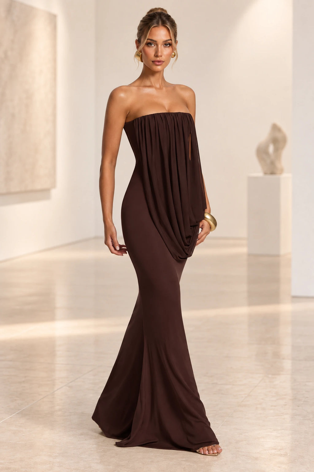 Elegant Mermaid Strapless Ruched Draped Maxi Wedding Guest Dress