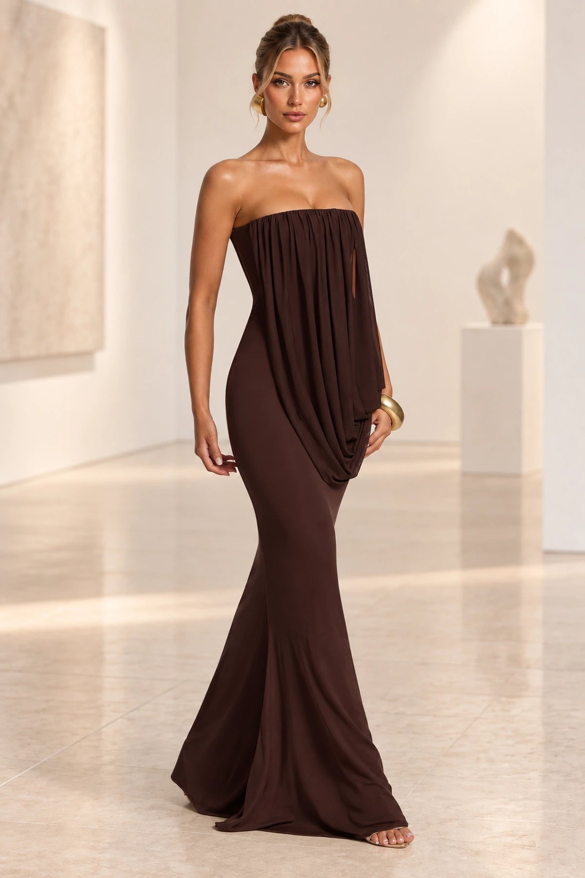 Elegant Mermaid Strapless Ruched Draped Maxi Wedding Guest Dress