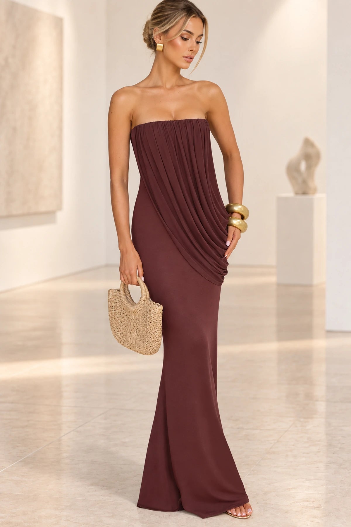 Elegant Mermaid Strapless Ruched Draped Maxi Wedding Guest Dress
