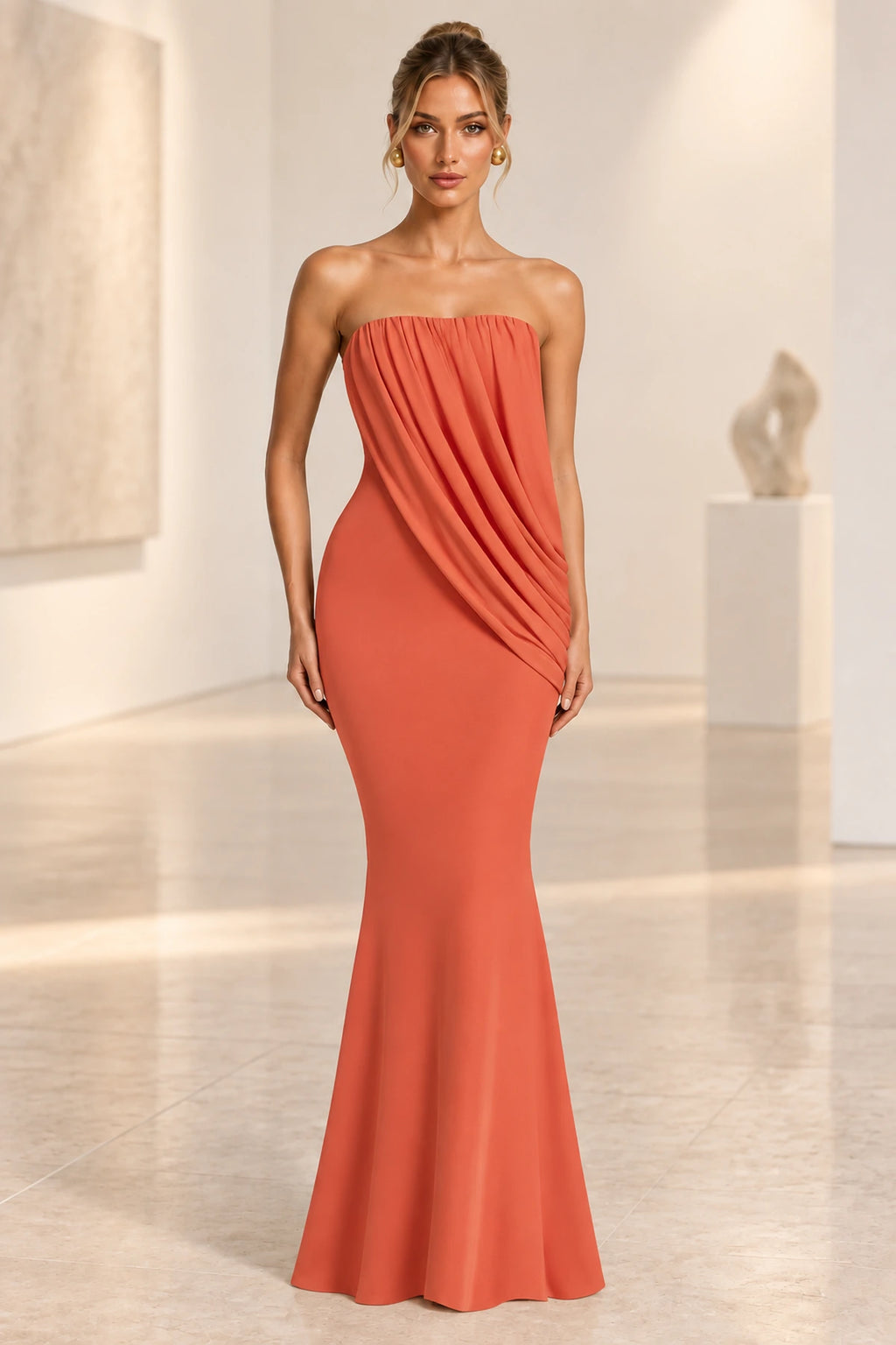 Coral orange strapless ruched mermaid wedding guest dress