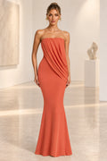 Coral orange strapless ruched mermaid wedding guest dress