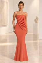 Coral orange strapless ruched mermaid wedding guest dress