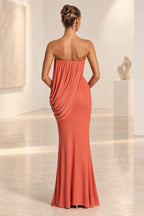 Coral orange draped maxi wedding guest dress back view