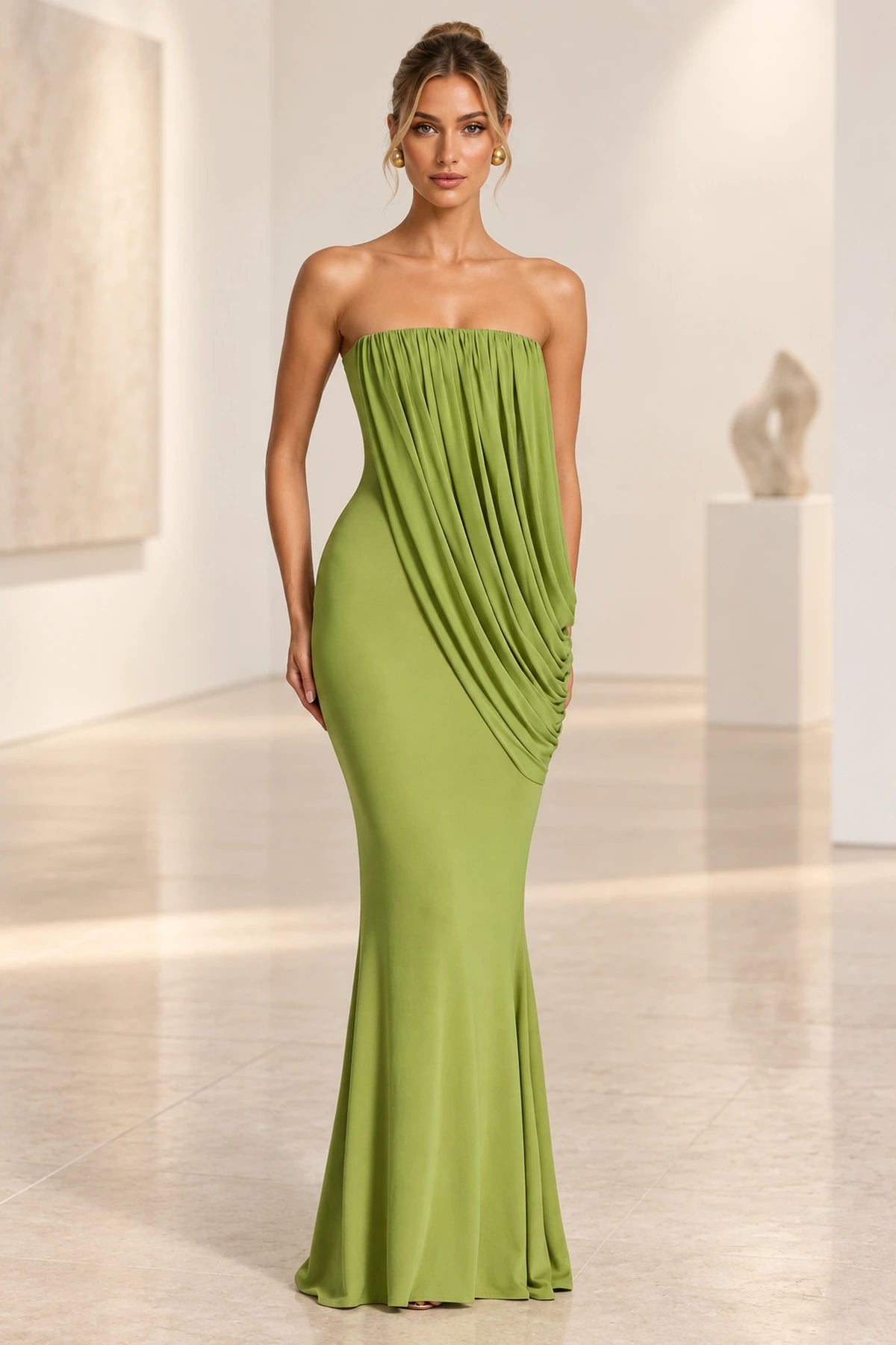 Elegant Mermaid Strapless Ruched Draped Maxi Wedding Guest Dress