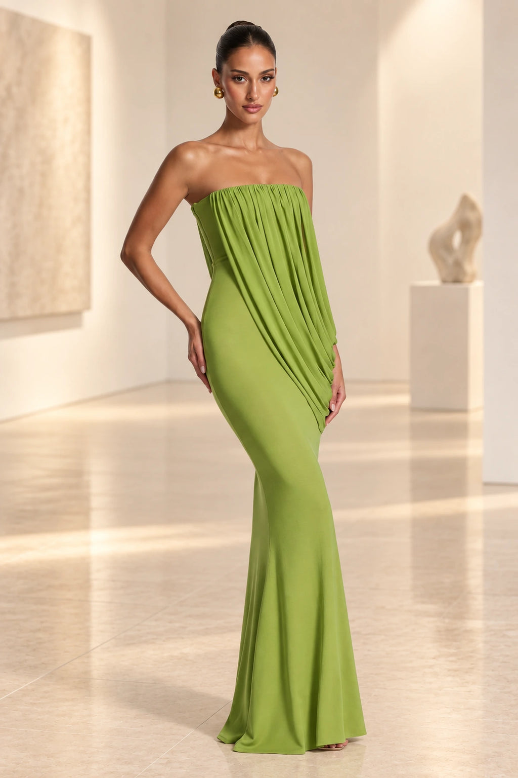 Elegant Mermaid Strapless Ruched Draped Maxi Wedding Guest Dress