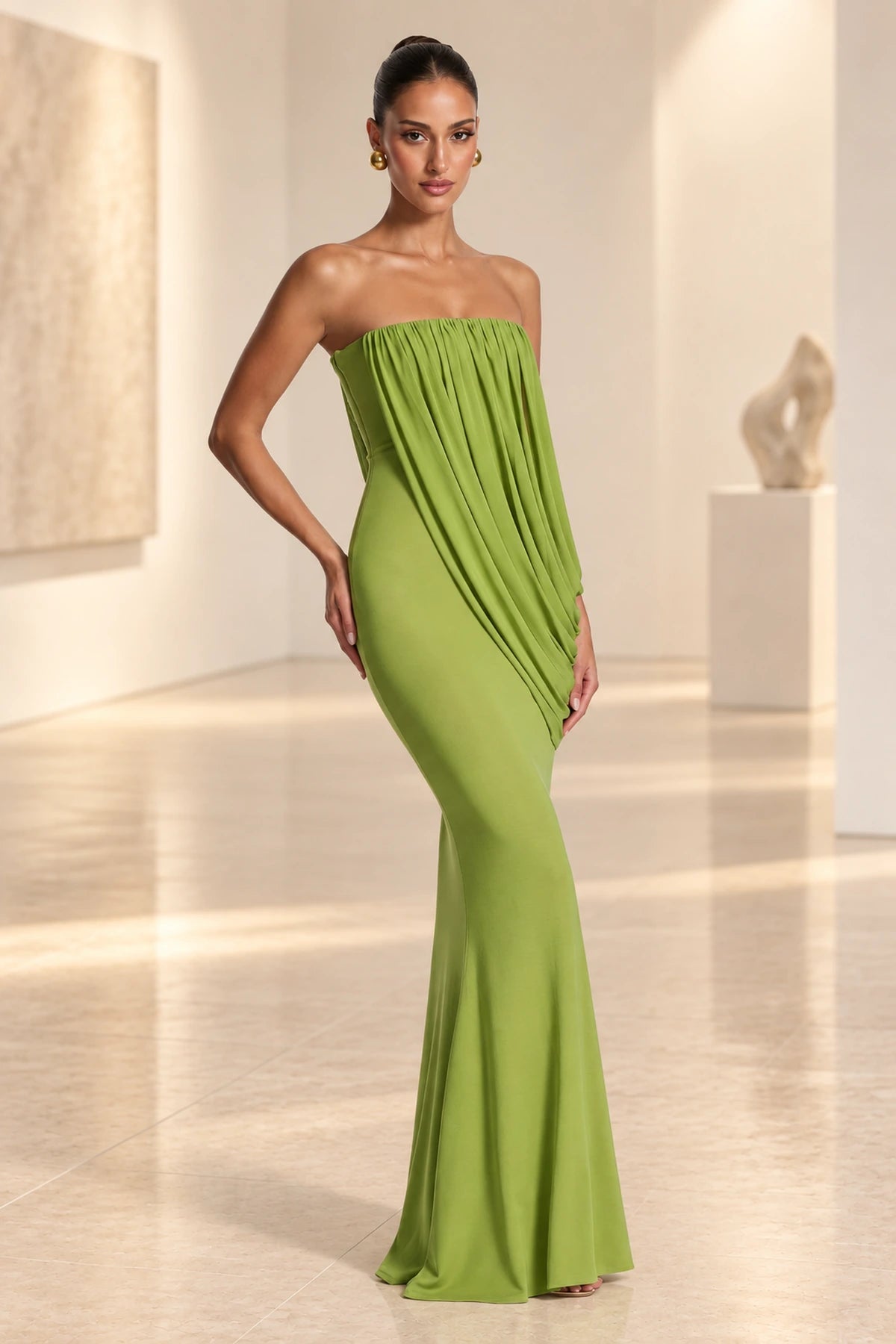 Elegant Mermaid Strapless Ruched Draped Maxi Wedding Guest Dress