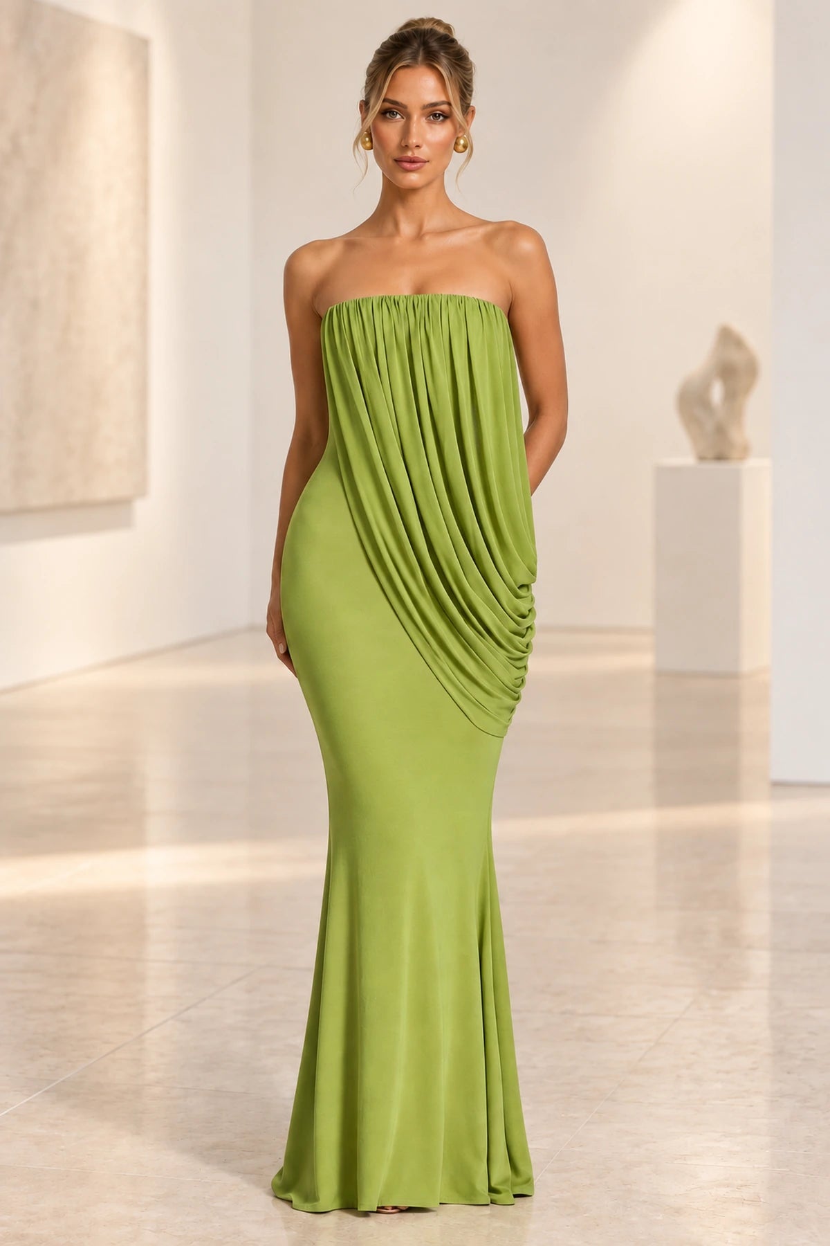Elegant Mermaid Strapless Ruched Draped Maxi Wedding Guest Dress