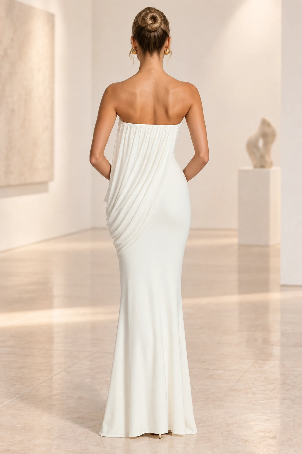 Elegant Mermaid Strapless Ruched Draped Maxi Wedding Guest Dress