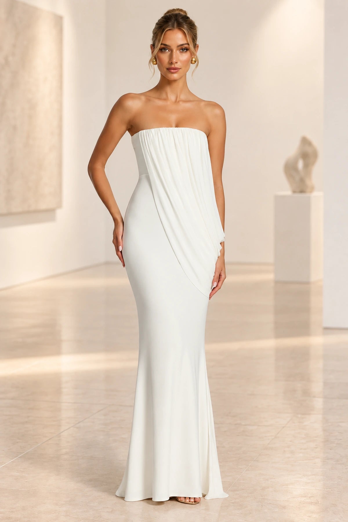 Elegant Mermaid Strapless Ruched Draped Maxi Wedding Guest Dress