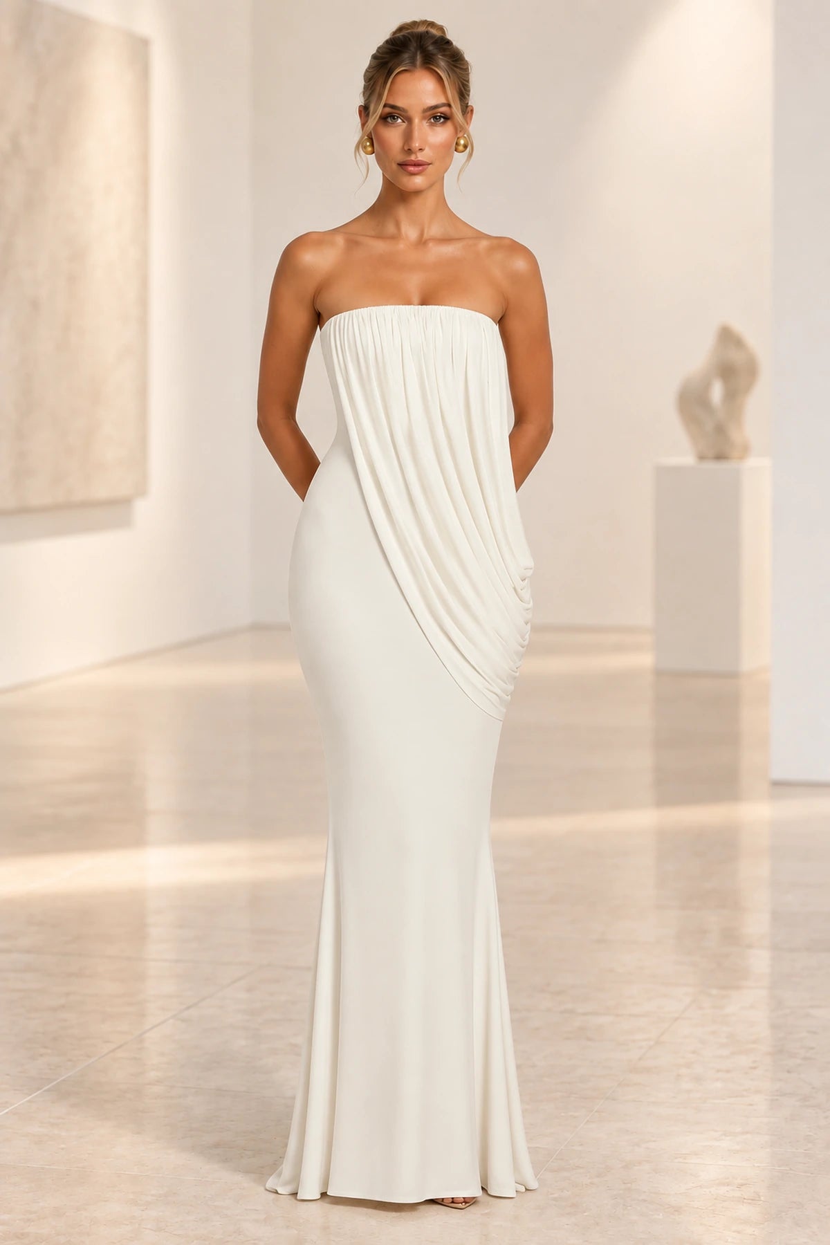 Elegant Mermaid Strapless Ruched Draped Maxi Wedding Guest Dress