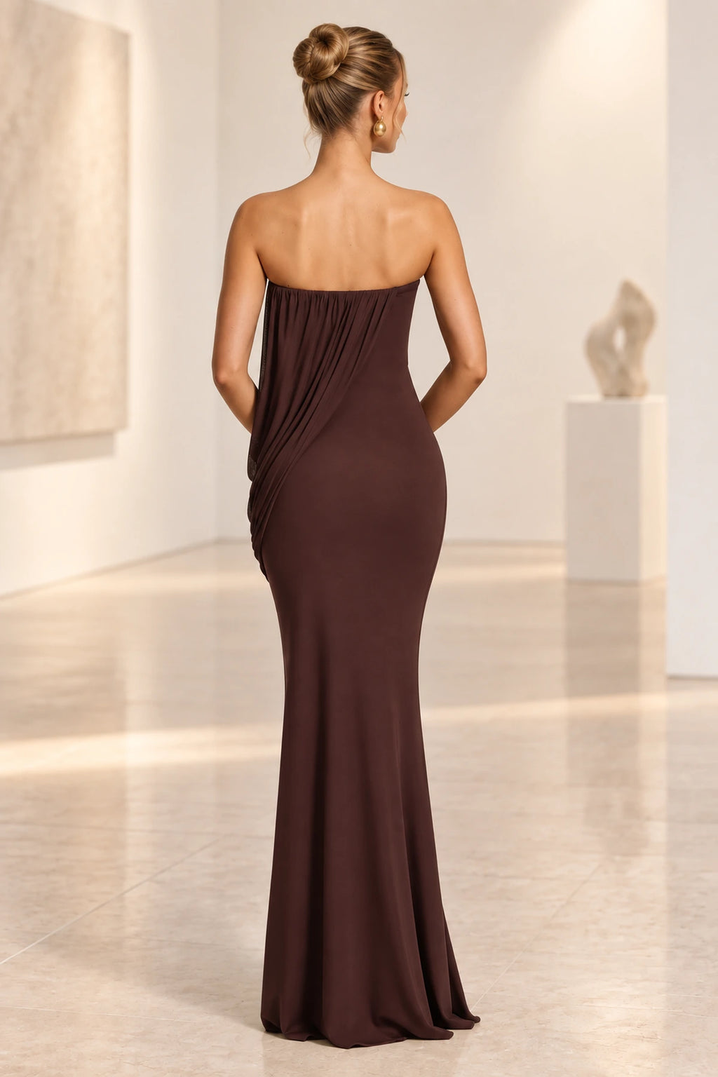 Elegant Mermaid Strapless Ruched Draped Maxi Wedding Guest Dress