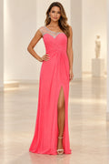 Coral pink A line prom dress with sweetheart neckline, illusion sleeves and chiffon skirt with slit