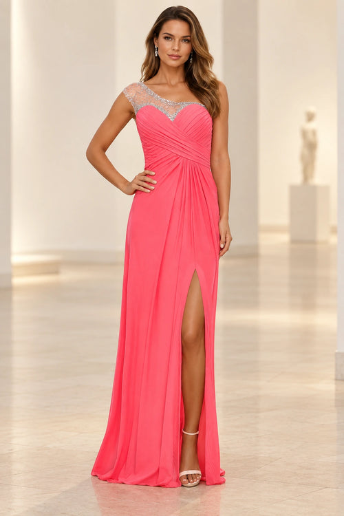 Coral pink A line prom dress with sweetheart neckline, illusion sleeves and chiffon skirt with slit