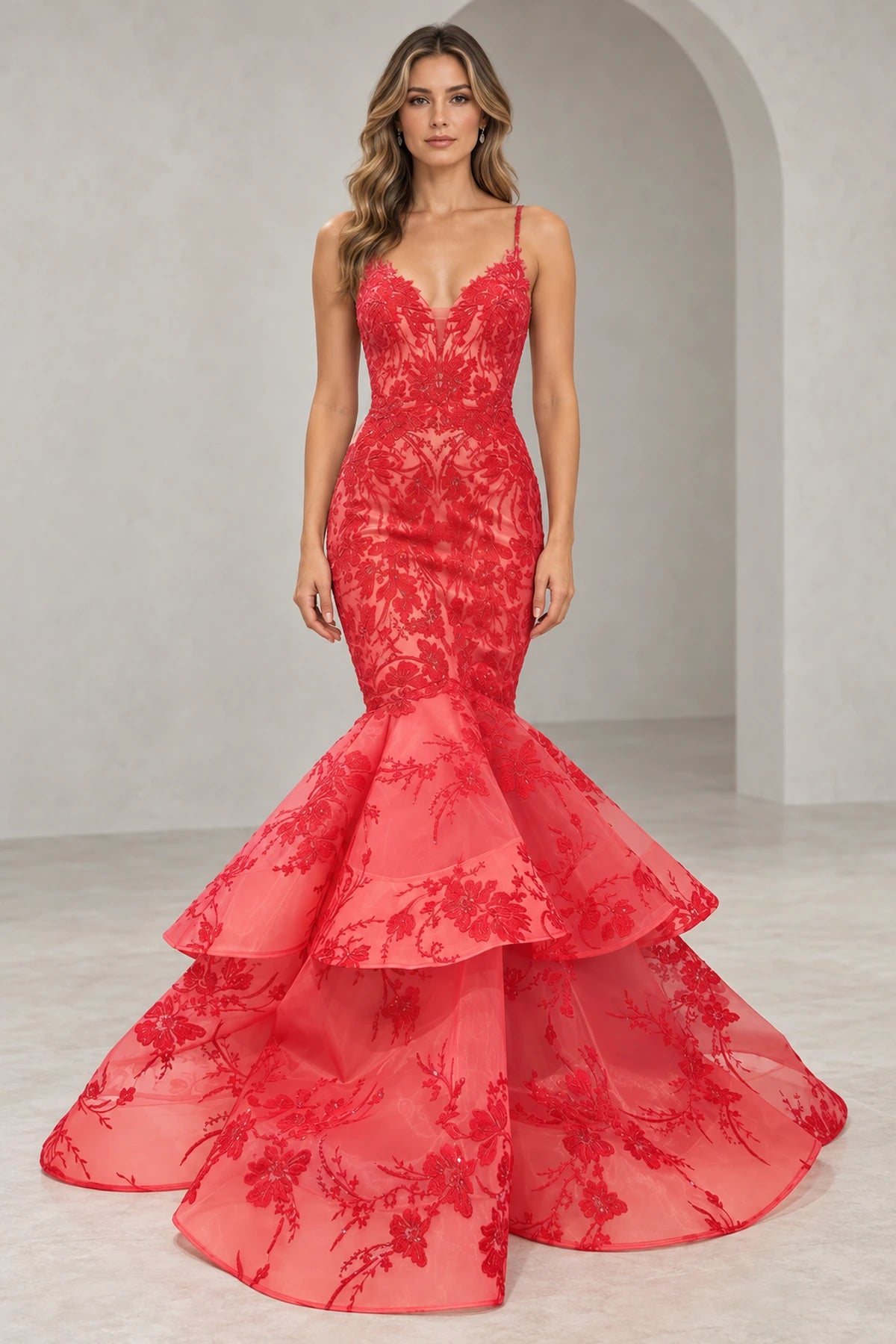 Glamorous Tulle Mermaid V-Neck Sleeveless Cutout-Back Floor-Length Prom Dress