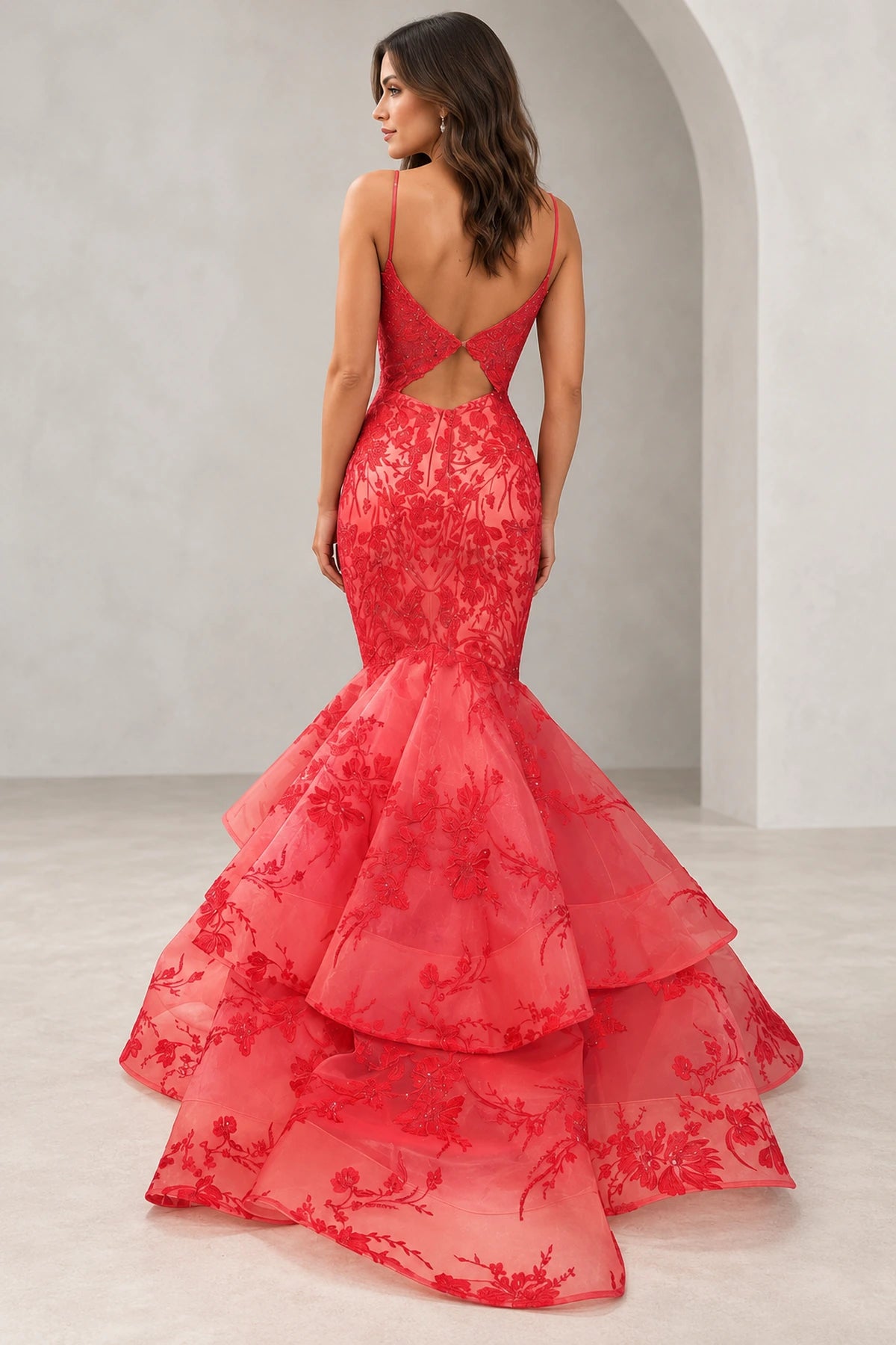 Glamorous Tulle Mermaid V-Neck Sleeveless Cutout-Back Floor-Length Prom Dress
