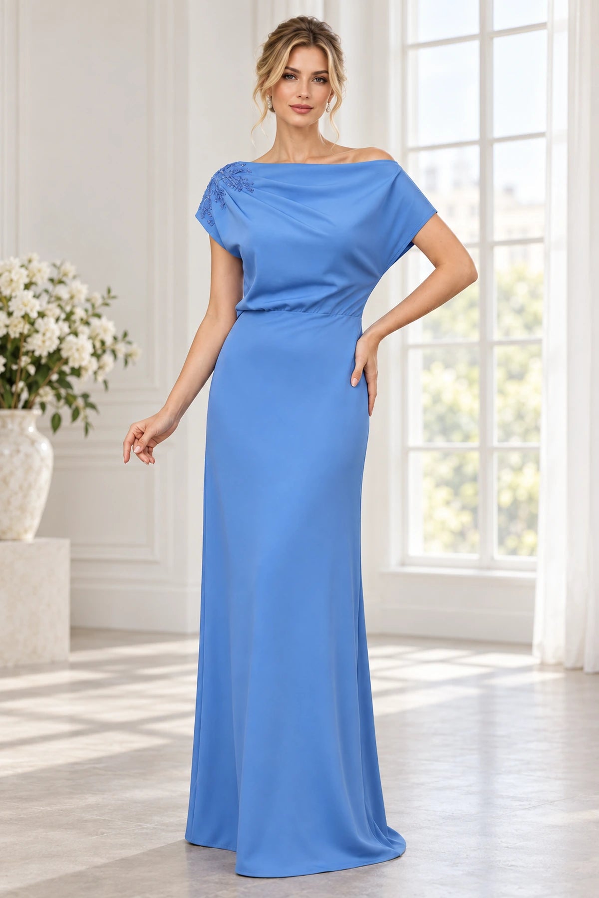 Cornflower blue Mother of the Bride Dress with asymmetric draped neckline and shoulder embellishment