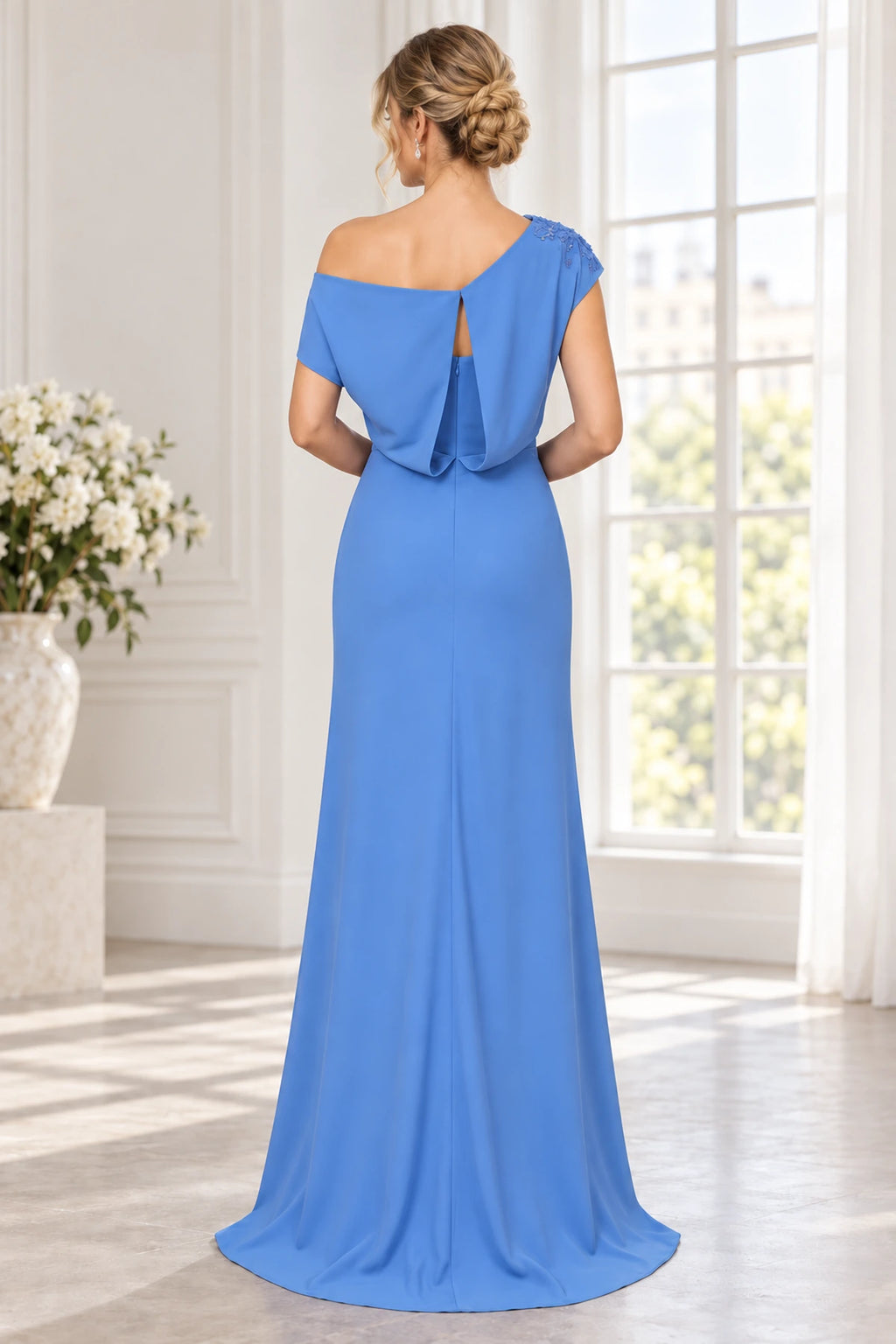 Cornflower blue Mother of the Bride Dress with draped keyhole back and zipper closure