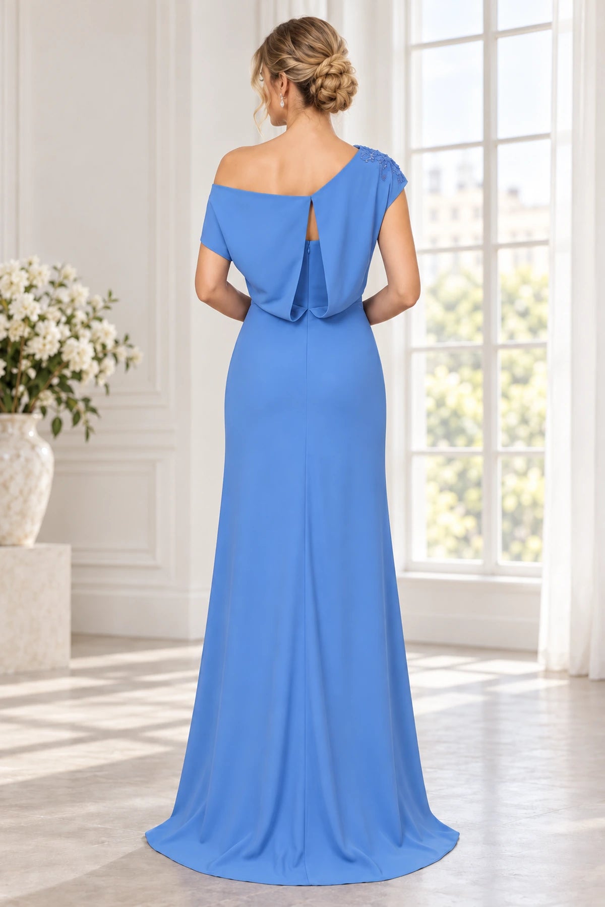 Cornflower blue Mother of the Bride Dress with draped keyhole back and zipper closure